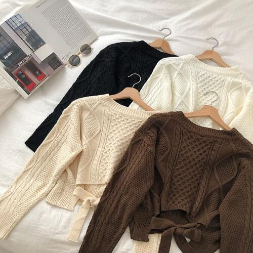 Sweaters Women Spring Autumn V Neck Casual Korean Style Crop Sweater Female Long Sleeve Sexy Backless Bandage Pullover Knitted