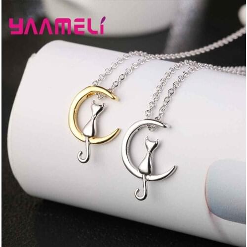 Women Gift Necklace Pendant Luxurious Romantic Style Crescent Moon Gold/White Cute Cat Style 925 Sterling Silver