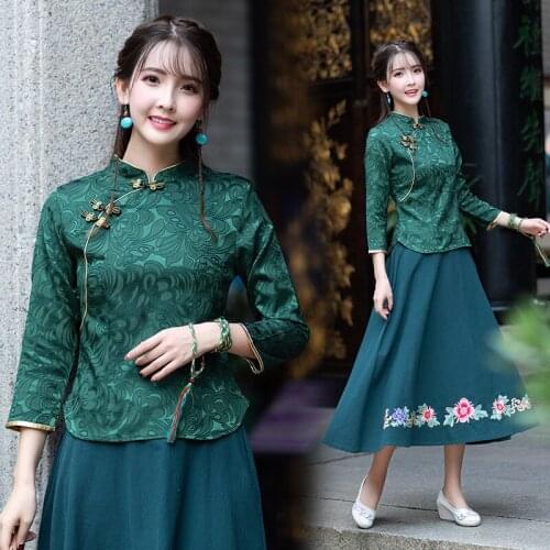 New style of Han nationality womens embroidered traditional button up seven point sleeve jacquard Shirt Dress Set