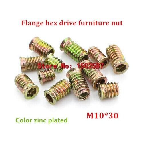20pcs/lot M10*30 Color Zinc Coated Flange Hex Drive Head Furniture Nut Internal External Thread Screw For Wood Insert Nut
