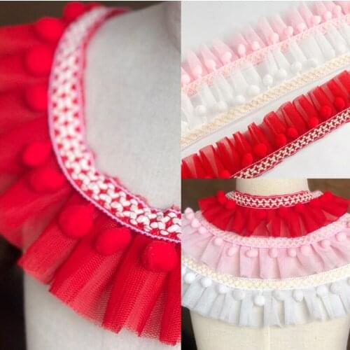 5yds Pom pom Lace Trim Pleated Mesh Ruffle Lace Fabric Pompom Ball Lace Ribbon DIY Sewing Wedding Decortion Curtain Accessories