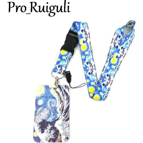 Art Starry Sky Waves Lanyard Credit Card ID Holder Bag Student Women Travel Card Cover Badge Car Keychain Decorations