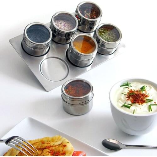 6pcs Stainless Steel Spice Tins with Magnetic Spice Jars Wall Mounted Rack Spice Seasoning Containers Spice Rack Organizer