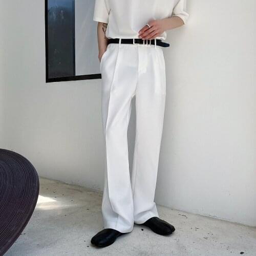 Chic Mens Straight Suit Pants Casual Long Loose Trousers Black White Apricot H90