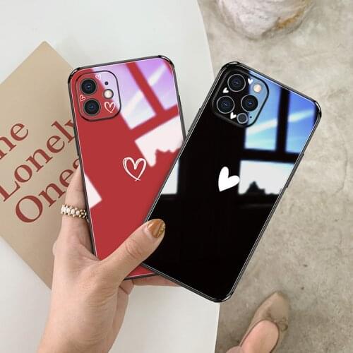 Black love Tempered Glass Phone Cases For iPhone 12 Pro Max 12 mini glass case + lens protect film red white Cover shell