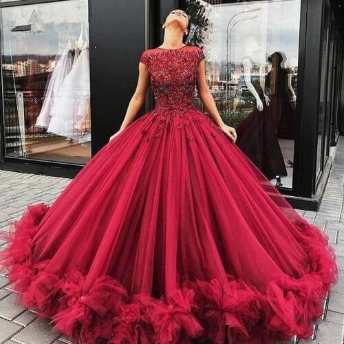 Elegant Prom Dress Long 2020 Ball Gown Beading Crystal Short Sleeves Tulle Burgundy Formal Party Evening Gown Robe De Soiree