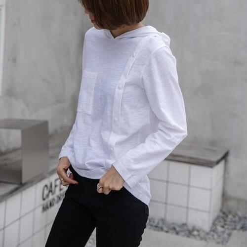 Cotton 100% Hooded White Women T-Shirts Summer New Design 2021 Button Straight Casual All Match Female Pulls Tops Tees