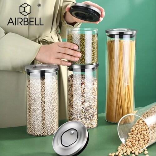 AIRBELL Kitchen storage Food box organizer container glass jars Fridge with lid Cereal dispenser cabinet rice cans canisters
