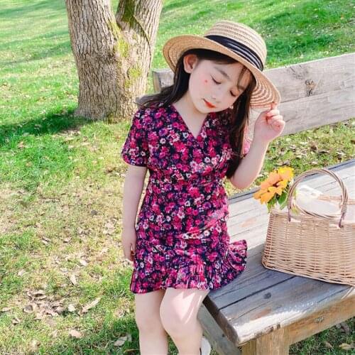 Summer girls dress Baby chiffon dress kids vestidos Children fashion clothes French style vintage floral crop fishtail 2 to 9 yr