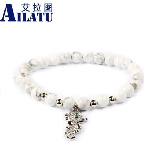 Ailatu Lovers' Favorite 6mm Natural White Howlite Beads with Clear Cz Spacer Sea Horse Charm Beaded Bracelet