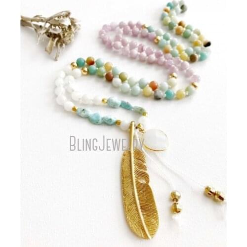 MN19765 Kunzite Moonstone Larimar Amazonite Mala Beads Mala Necklace Mala Prayer Beads Gold Feather Necklace