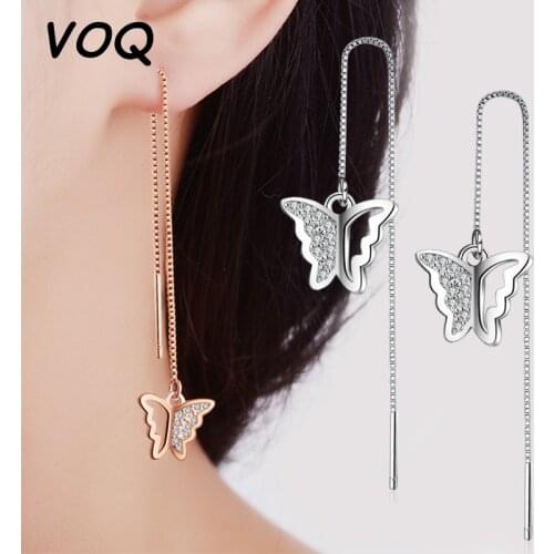 VOQ 925 Sterling Silver Long Tassel Butterfly Drop Earrings Fashion Pendant Female Earrings Summer Jewelry Girl Party Gift