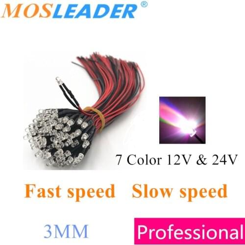 Mosleader 1000pcs 3MM 12V 24V Led with wire 20CM LED Flash Fast speed Slow speed 7 Color RGB Indicator led Prewired Diodes