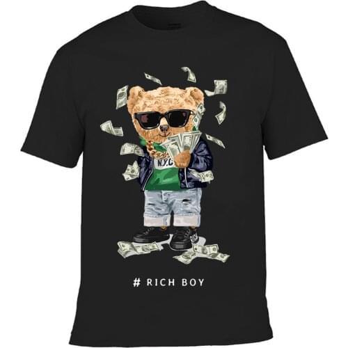 Top sunglasses banknote bear cotton print short sleeve O-neck loose casual top T-shirt mens oversized T-shirt men and women 3XL