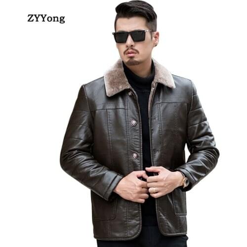 Leather Jacket Men Winter Jacket Long Fleece Parka Coat Overcoat Plus Velvet Warm Fur Collar Soft PU Brown Business Outwear