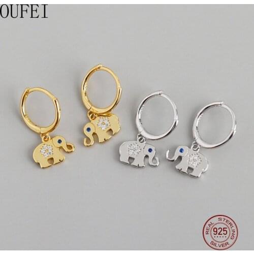 OUFEI 925 Sterling Silver Cute Earring For Women Elephant Animal Earrings Flower Crystal Round Drop Earrings Silver Jewelry
