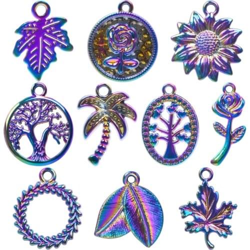 10pcs/Lot Plant Series Mixed Charm Tree Of Life Flower Pendant Charms For Jewelry Making Leaf Rainbow Accessories Handmade Craft