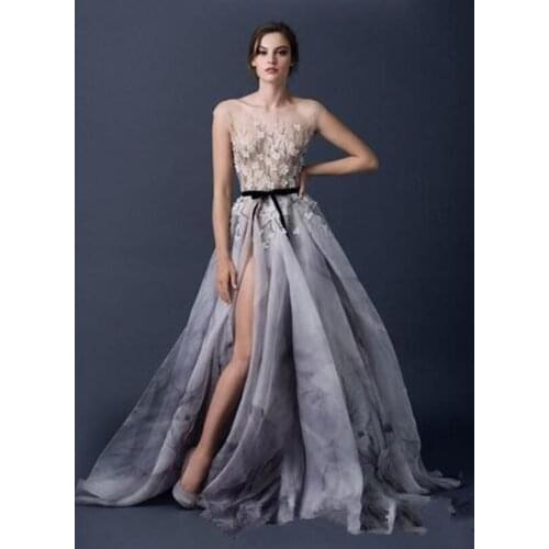 See Through Evening Dresses A-line Cap Sleeves Tulle Flowers Beaded Slit Dubai Saudi Arabia Long Prom Dress Gown Robe De Soiree