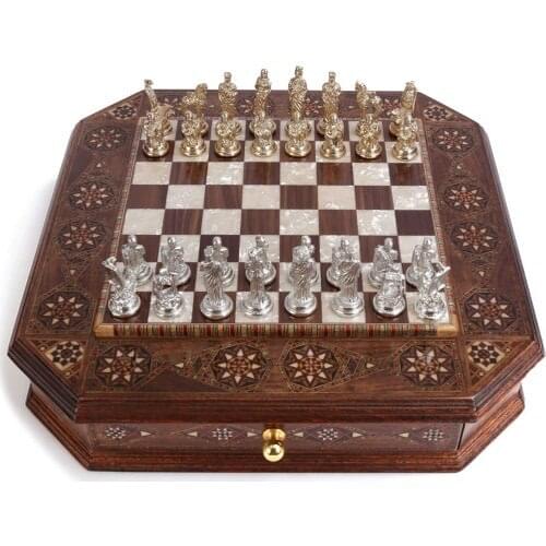 Medium Size Trojan Bright Chess pieces and Walnut White Plaids and Drawers Octagonal Aristo Solid Chess Board