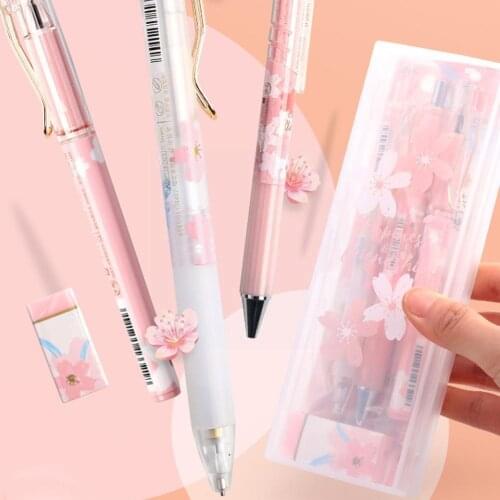Cute Blossom Gel Pen Mechanical Pencil With Refill Gift Creative Stationery Sticker Pencil Kawaii Reward School Girl Case F9N2