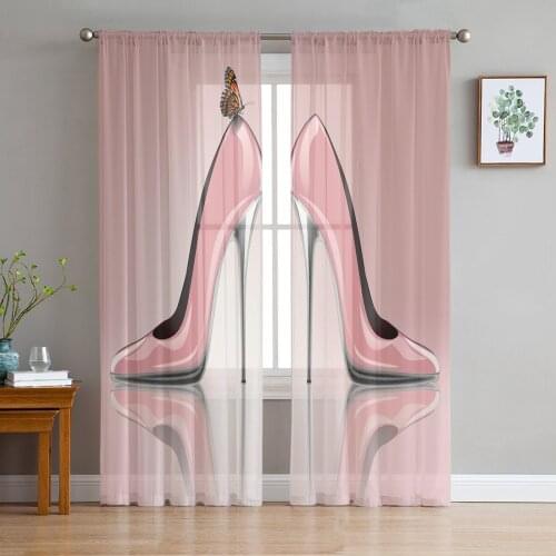 High Heels Pink Butterfly Tulle Sheer Window Curtains for Living Room Kitchen Children Bedroom Voile Hanging Curtain