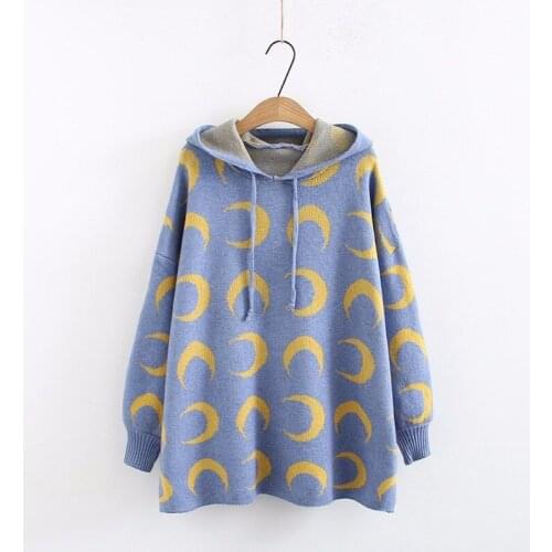 Urifens Girl Moon Print Hooded Sweater Women Hooded Collar College Sweet Style Computer Knitted Sweater Ruched Female LBJ0817