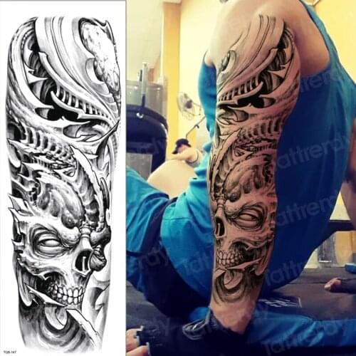 Temporary tattoo sticker large skull sleeve tattoo designs for men shoulder tattoos black full arm sleeve leg body sticker sheet