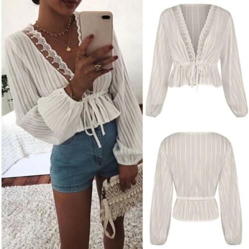 Women Long Sleeve Deep V Neck Lantern Sleeve Tie Loose Loose Plain Chiffon Blouse V Neck Casual Lady Office T-Shirts Tops S-XXL