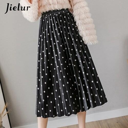 Jielur Autumn Winter Skirts Womens Slim Saia Faldas Elastic Waist Dot Skirts Chic New Korean OL Black Pleated Women Skirt