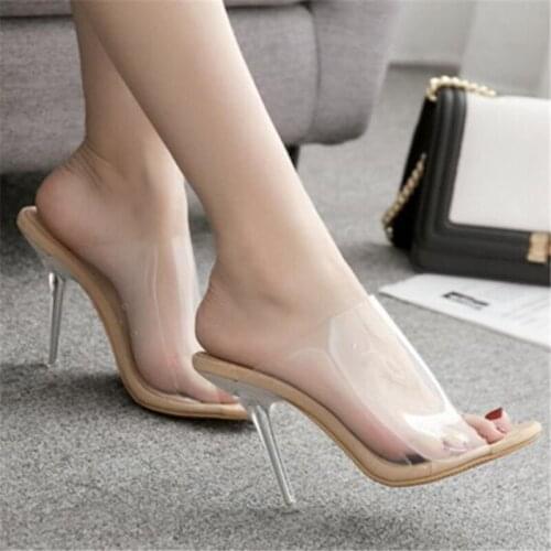 Women sandals PU Slip On 11cm Thin Heels High heels Round Toe Shallow women shoes sandalias mujer 2020 size 35-42 Beige