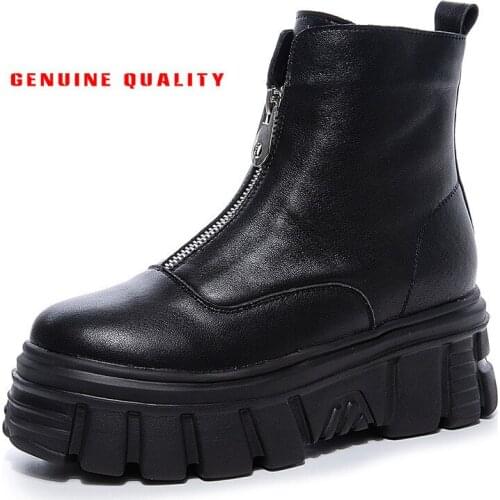 Genuine boots New Combat Women Winter Boots Gothic Black Sock Platform Boots Leather Ankle Boots Women Shoes Fashion Botas Mujer