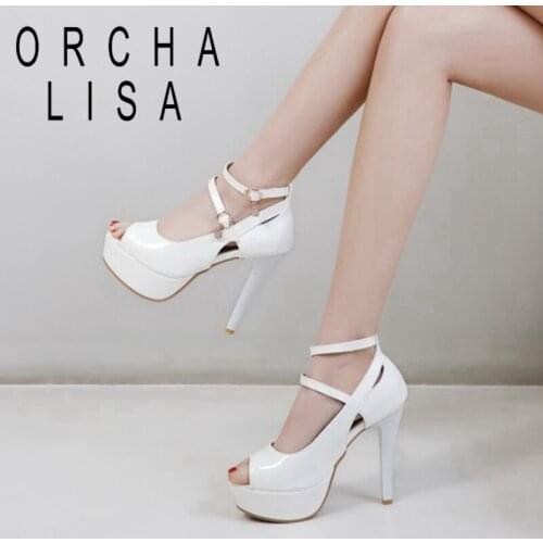 ORCHALISA 2021 New Women Pumps Peep-Toe 12cm Super High Thin Heels Platform Buckle Sexy Club All-Match Big Size Summer A3366