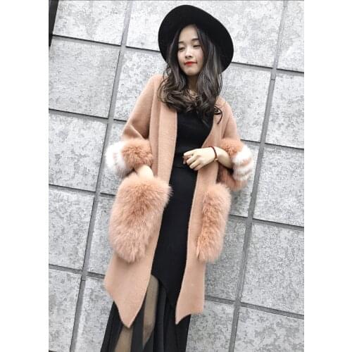 New knitted women mink cashmere sweater with big fox fur pocket colorfull fox fur cuff female fashion cardigans