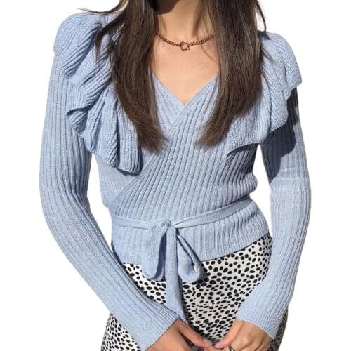Sweater Women Autumn Winter Women V Neck Long Sleeve Ruffles Knitted Sweater Bandage Pullover