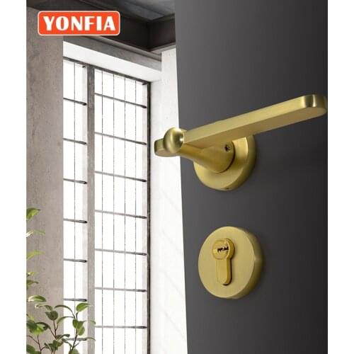 YONFIA 8049 Gold Brushed Brass Door Lock Privacy Modern Bedroom Door Handle Lock Interior Villa Room Door Handle For WC Toilet