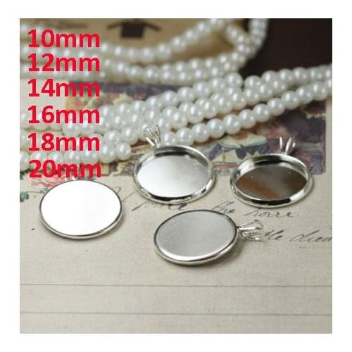 100pcs/lot 10mm,12mm,14mm,16mm,18mm,20mm Silver Blank Pendant with Hanger Trays Bases Cameo Cabochon Setting for Glass/Stickers