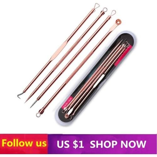 4Pcs Blackhead Extractor Remover Tool Kit Skin Care Clip Pimple Spoon Pore Cleanser Tool for Face Skin Care Cleaner Needles Set