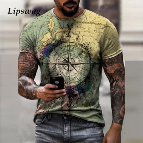 Vintage Map Printing Men O-Neck Tee Shirts 2021 Summer Short Sleeve Casual T-Shirts Fashion Mens Slim Tops Pullover Streetwear