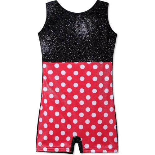 Girls Gymnastic Dancewear Ballet Costumes Sleeveless Shiny Pink Polka Spliced Athletic Dance Tutu Biketard Leotards Clothing