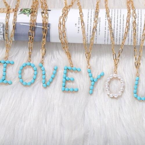 Exquisite 26 Letter Word Pearl Necklace Letter Necklace Letter Chain Turquoise Pendant Necklace For Women Gold Jewelry Gifts