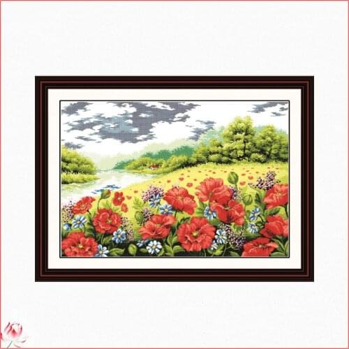 Joy Sunday Beautiful Poppy Garden Flowers 14CT 11CT Counted And Stamped Home Decor Needlework Embroidery DIY Cross Stitch kits