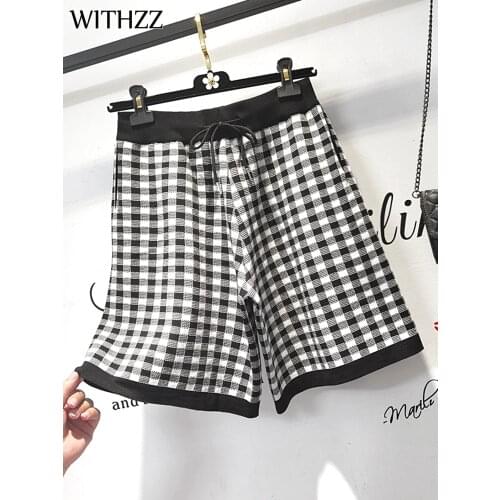 WITHZZ Summer Women Straight Black White Plaid Shorts Knit High Waist Female Loose Casual Shorts