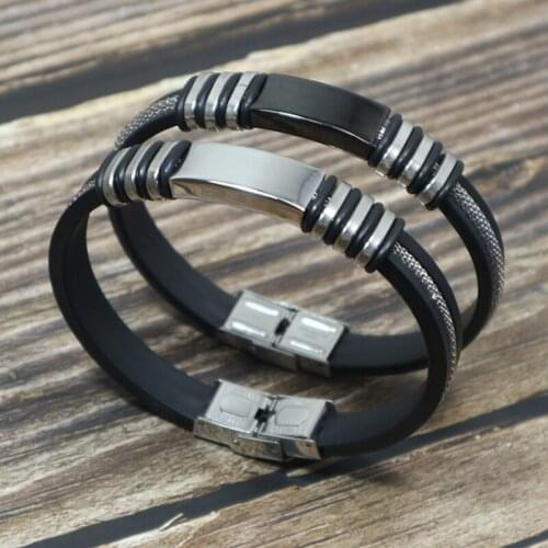 JOINBEAUTY 2020 Trendy Simple Jewelry Black Silicone Bracelets Cool Men Women Stainless Steel Wristband Bangles HY018