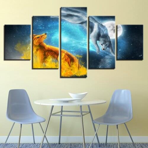 HD Print Picture Modular Decorative Frame 5 Piece Snow Fox Moon Night Painting Abstract Fox Poster Living Room