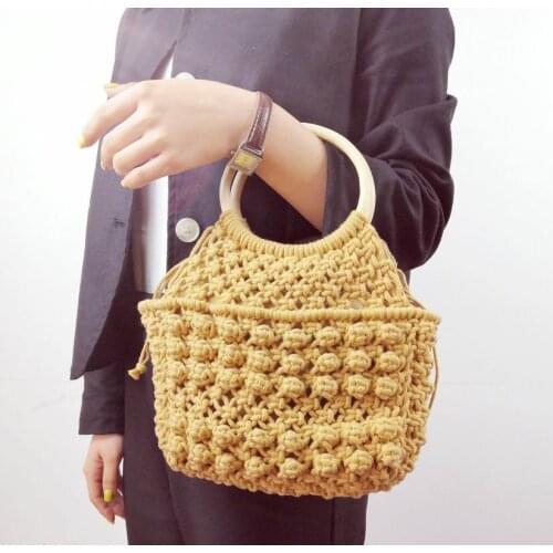 New Style Lining Solid Color Portable Woven Bag Handmade Cotton Rope Beach Leisure Straw Woven Bag