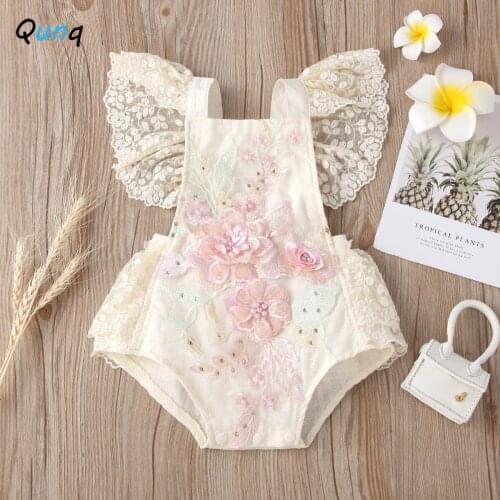Qunq Summer Lace Baby Romper Boutique Flower Beads Infant Girls Clothes 2021 New 1 Year Birthday Party Costume Newborns Jumpsuit