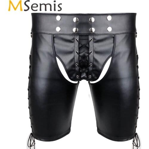 Men Faux Leather Shorts Side Lace-up Harness Tight Leggings Gay Erotic Open Butt Crotchless Half Pants Pole Dance Short Clubwear
