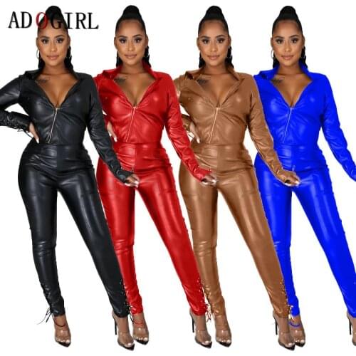 Adogirl Women PU Leather Tracksuit 2 Piece Set Hollow Out Crop Top And Bodycon Pants Matching Sets Sexy Night Club Fashion
