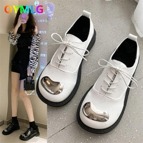 2021 autumn new net red same style small leather shoes round toe lace metal flat bottom casual womens single shoes