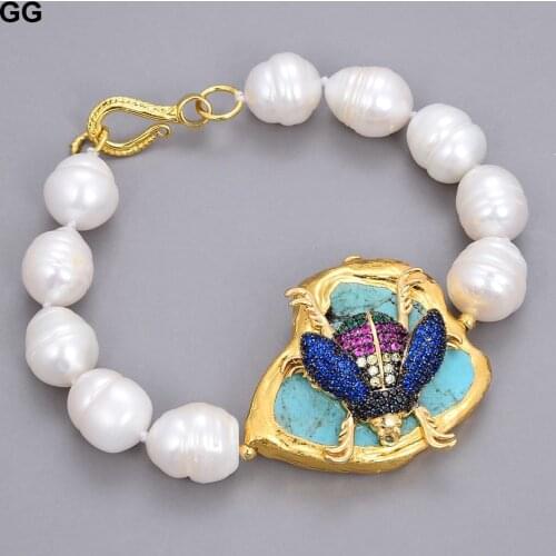 GuaiGuai Jewelry Natural Pearl Freshwater Cultured White Rice Pearl Blue Howlite CZ Insect Bracelet 8"